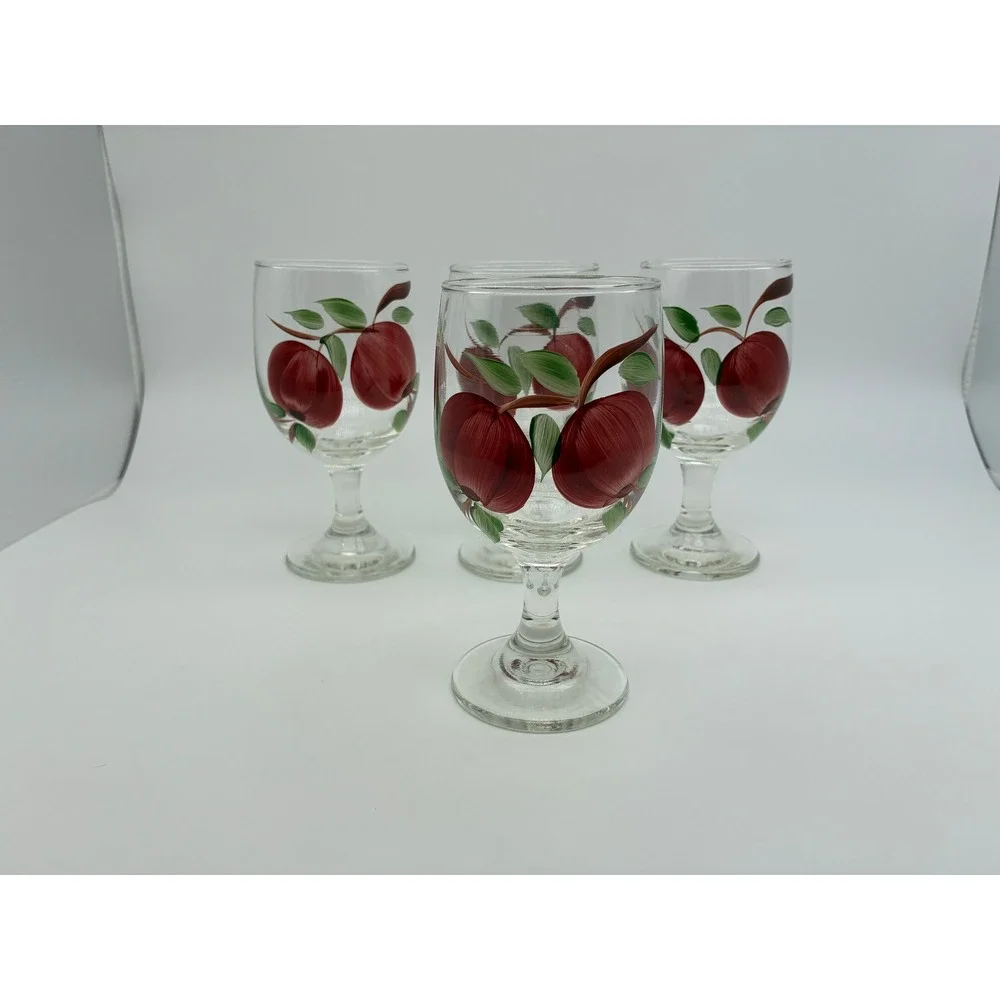 Vintage Hand Painted Apple Wine Glasses Set of 4 Red Fruit Motif Goblets